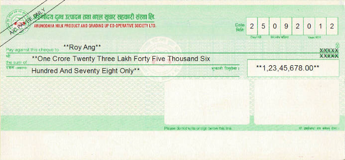 Printed Cheque of Arunodaya Milk Product And Grading Up Co-operative Society in Nepal