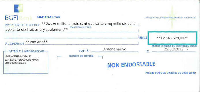 Write BGFIBank Cheque Online Free Online Cheque Writer for BGFIBank in Madagascar