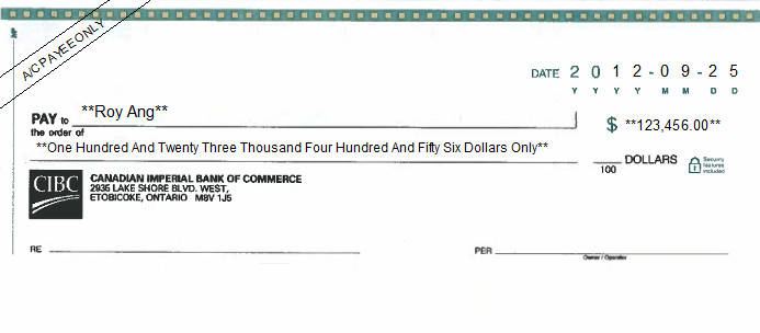 Printed Cheque of Canadian Imperial Bank of Commerce (CIBC) in Canada Printed Cheque of Canadian Imperial Bank of Commerce (CIBC) in Canada