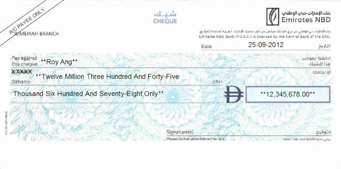 Printed Cheque of Emirates NBD in UAE