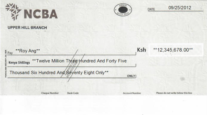 Printed Cheque of NCBA in Kenya