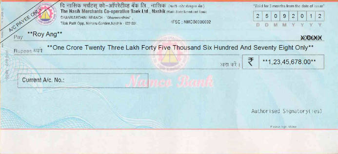 Printed Cheque of The Nasik Merchants Co-operative Bank in India