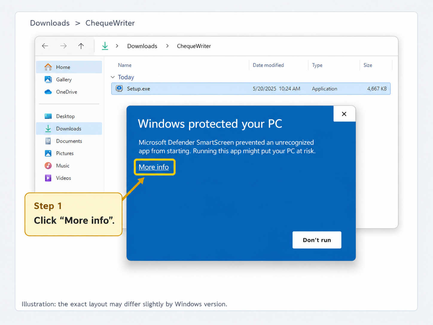 Windows protected your PC warning with More info highlighted